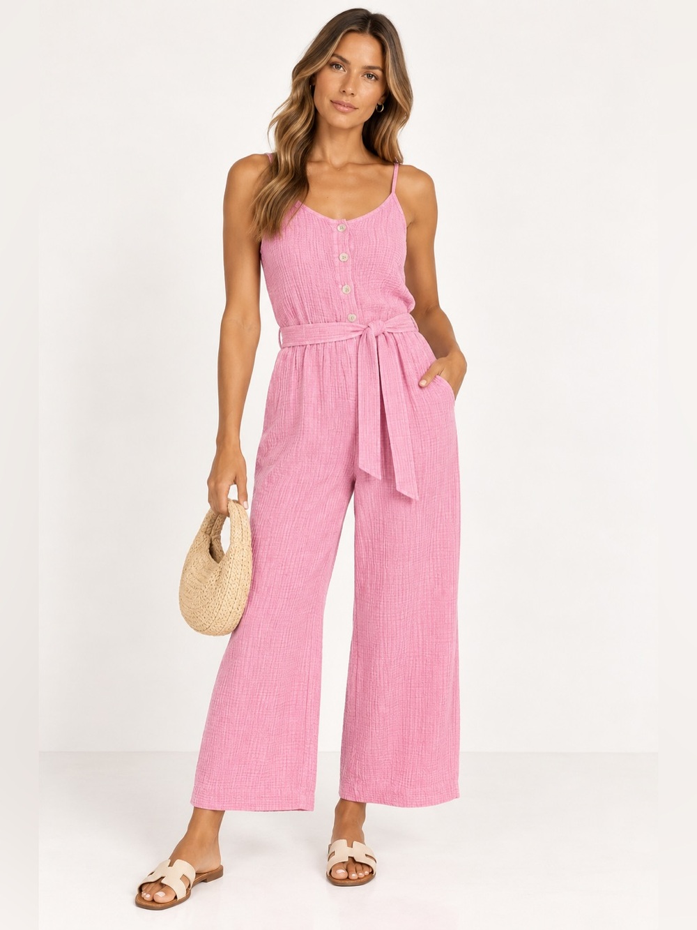 Tribal Pink Sleeveless Button-Front Wide-Leg Jumpsuit with Tie Waist